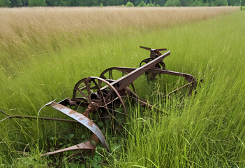 An old metal plow abandoned in a vast, overgrown field with tall grasses swaying gently.