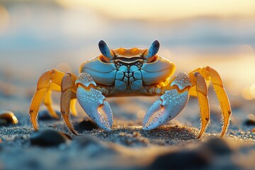 A close view of a colorful crab stands on the sandy beach while ocean waves gently approach during a beautiful sunset, showcasing nature's wonders Generative AI