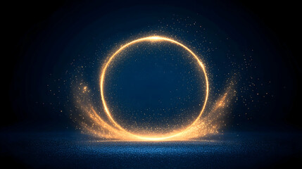 Obraz premium Glowing golden circle light effect, dark blue background, sparkles, for product display or presentation