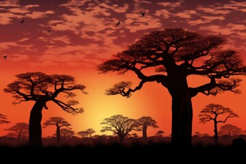 Silhouetted baobab trees with intricate branch patterns standing tall against a gradient evening sky