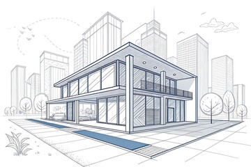 Architectural Sketch of a Modern Two-Story Building with Urban Skyline in the Background
