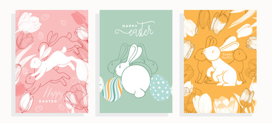 Playful Easter A4 designs with bunnies, hand drawn line art tulips and sketched line art eggs. Set of pastel illustrations for social media, web and print projects. 