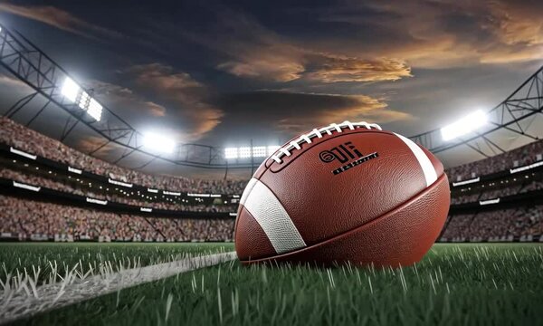 Gridiron Glory: A dramatic low-angle view of an American football positioned on the field, with a packed stadium and moody sky in the background, creating a sense of anticipation for a game.