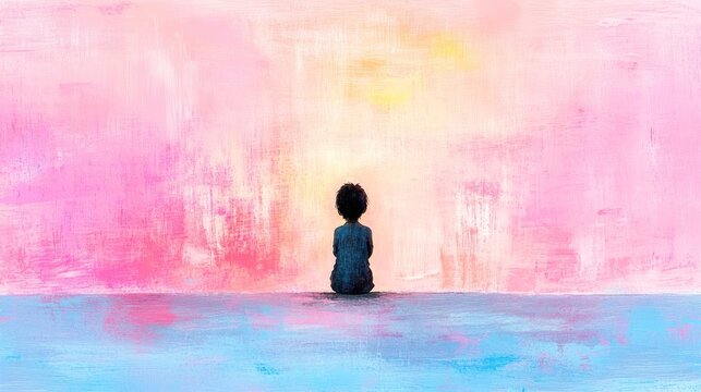 Lonely Child with Problems and Fears - Watercolor Portrait on Pastel Background