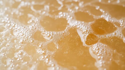 Naklejka premium Amber Liquid with White Bubbles and Light Blue Glitter Texture