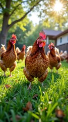 Fototapeta premium Curious chickens roaming in sunlit backyard farm scene