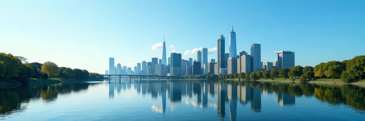 Fototapeta premium Reflection of city skyscrapers under a clear blue sky in a calm river, buildings, cityscape, metropolis