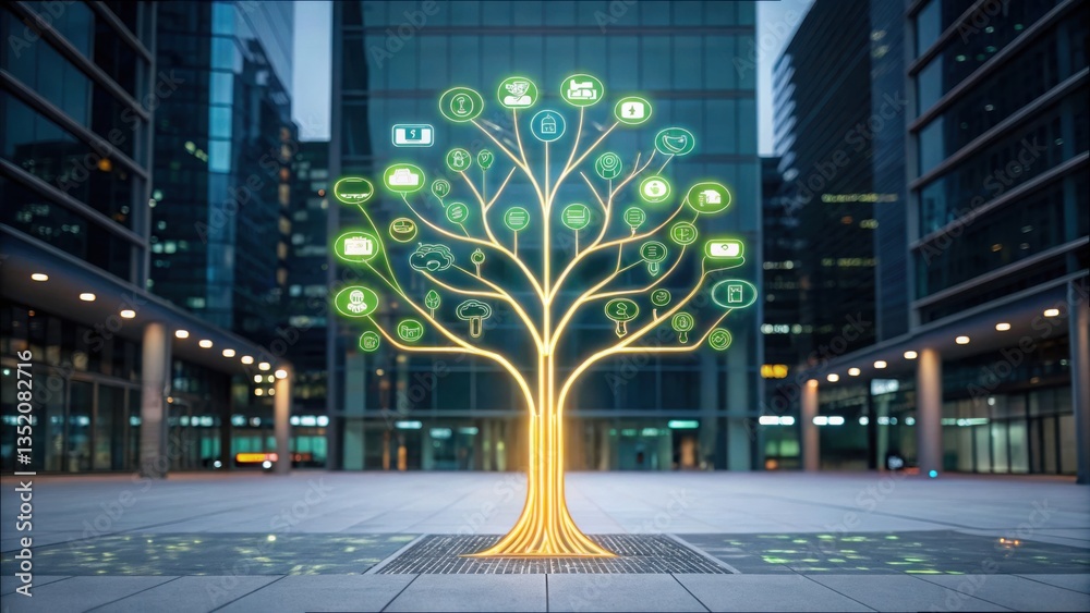 Aufkleber glowing tree ecosystem with dynamic technology icons in cityscape