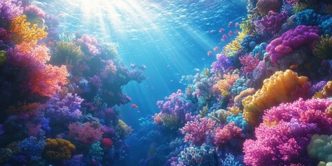 Naklejka premium Colorful vibrant underwater coral reef with sunlight shining down