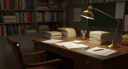 Desk with Books and Lamp Scene for Study or Research
