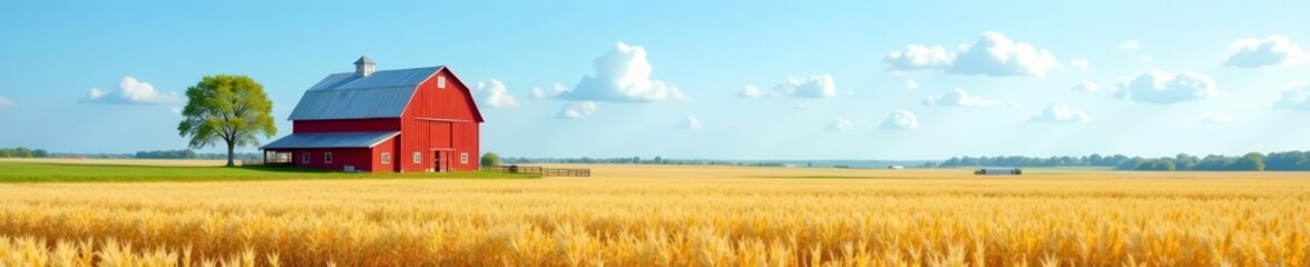 Obraz premium Scenic rural landscape with traditional red barn standing in golden corn field under blue sky, agriculture, rustic, harvest