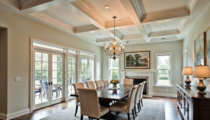 Elegant dining room with coffered ceiling and classic decor, bright ambiance, copy space
