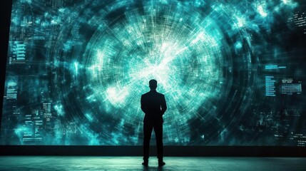 A silhouette of a man in a suit observing a futuristic digital display in a high-tech environment
