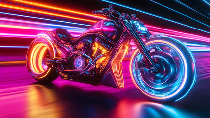 Obraz premium Neon Blaze: A futuristic motorbike cruises through a tunnel of neon light, a symphony of vibrant hues illuminating its sleek design and emphasizing its powerful presence.