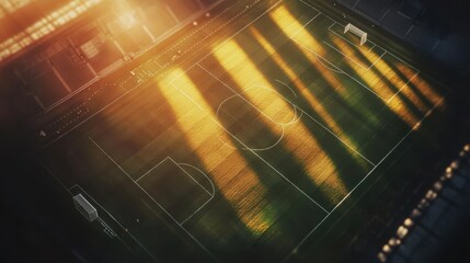 Aerial view of a vibrant soccer field illuminated by sunset, showcasing goalposts and shadows