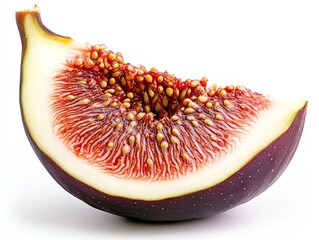 Fresh Fig Slice Revealing Juicy Interior Detail on White Background