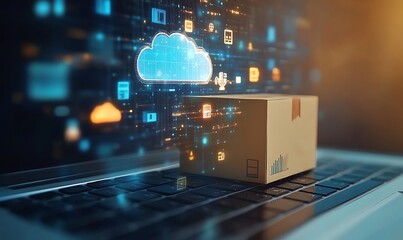 A small cardboard box with a shopping cart icon sits on a laptop keyboard, surrounded by floating blue cloud icons representing various digital