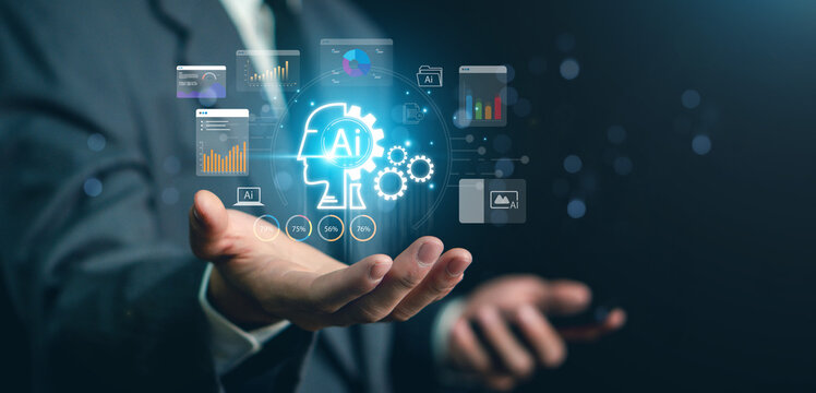 Businessman uses artificial intelligence technology to automate data analysis, action, dashboard reports with sales charts and business insights. Education, Data Analysis, Sales, Content Creation