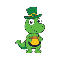 Cute Cartoon Dinosaur with Leprechaun Hat & Gold Pot. St. Patrick's Day Character Art