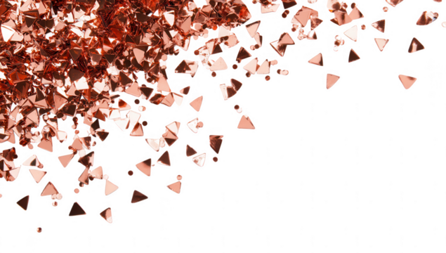 a scattering of shiny rose gold-colored triangular and circular sequins on a white background creating a festive and decorative effect ideal for crafts or celebrations