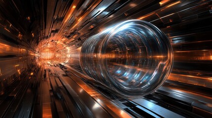 Futuristic glass cylinder traveling through orange metallic tunnel