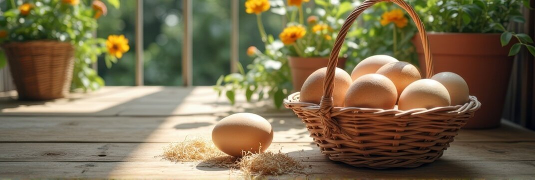Sunny balcony with basket of eggs and vibrant flowers on wooden deck