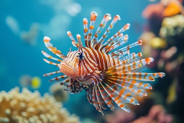 A lionfish gracefully glides through a colorful coral reef, showcasing its striking patterns and vibrant fins in a bustling underwater environment Generative AI