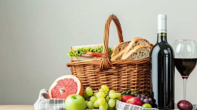 A classic wicker picnic basket filled with sandwiches, fruits, and a bottle of wine, set against a simple, neutral background.