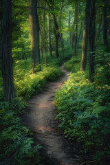 Obraz premium Tranquil Hiking Trail Winding through Lush Woodland under a Sunlit Canopy - Perfect Escape into Nature