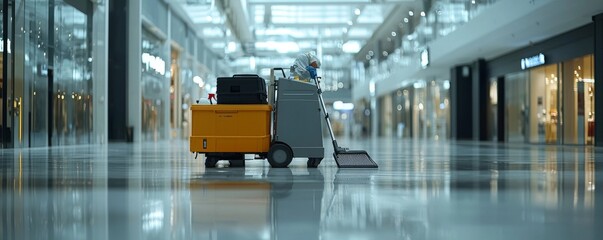 Cleaning machine in modern shopping mall area.