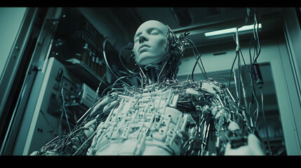 Fototapeta premium Cybernetic Awakening: A humanoid form, intricately woven with circuits and wires, awakens within a metallic enclosure, blurring the lines between humanity and technology.
