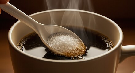 Adding Granulated Sugar to Hot Coffee in a Ceramic Mug