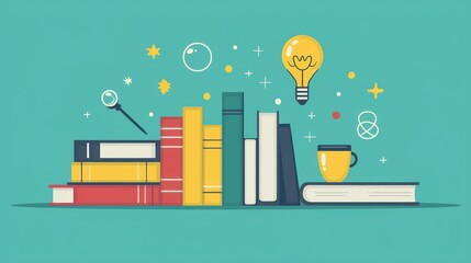 Naklejka premium Books, ideas, learning, education, research, background, study, teal