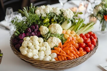 Close-up of basket of fresh vegetables including cauliflower, carrots, radishes on white tablecloth. Concept of basket of fresh vegetables showcasing vibrant produce and gardening.