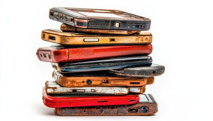 Stack of used, aged, and discarded mobile phones.  Various models, colors, and states of deterioration. Visible signs of rust, dirt, and grime