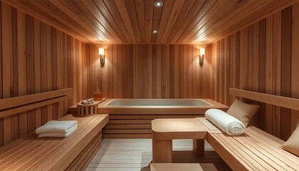 Inviting and luxurious sauna interior with wooden benches and soaking tub