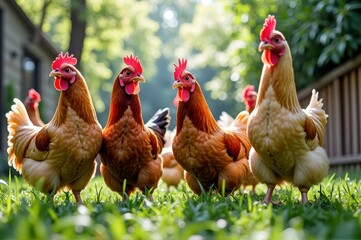 Vibrant chickens roaming outdoors in lush greenery on a sunny day
