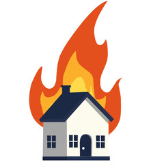 House on fire illustration featuring bright orange and yellow flames engulfing a residential building. Symbolizing danger, disaster, and emergency situations. Ideal for fire safety, hazard warnings, a