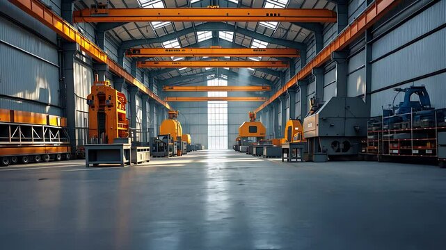 Modern Industrial Factory Interior with Heavy Machinery, Overhead Cranes, and Clean Spacious Concrete Floor

