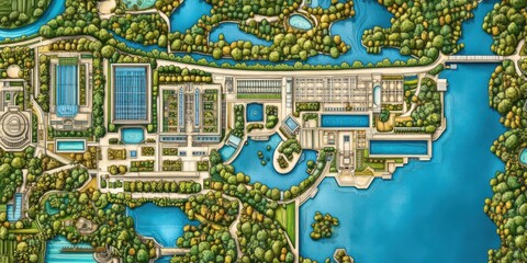 Naklejka premium Aerial view of a vibrant park layout featuring lakes, greenery, and recreational facilities