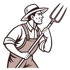 Vintage Farmer Holding Pitchfork Illustration