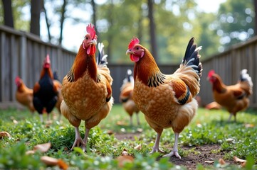 Group of colorful chickens roaming freely in a sunny fenced backyard