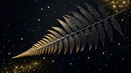 Golden Fern: A stunning metallic fern frond, gleaming with gold, rests against a luxurious dark background adorned with shimmering gold particles