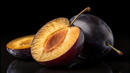 Fototapeta premium Plums: a captivating studio shot of fresh plums, showcasing their vibrant hues, succulent flesh, and the natural beauty of these delectable fruits