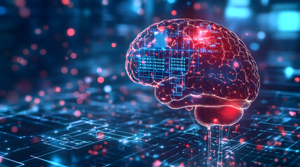 Digital Brain: A vibrant illustration showcasing a glowing, stylized human brain interwoven with complex digital circuitry.