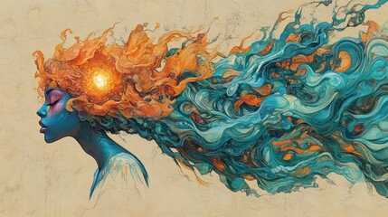 Abstract portrait of a woman with flowing, vibrant hair.