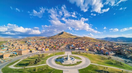 Panoramic View of Juliaca, Peru: A City Nestled Amongst Majestic Mountains and a Serene Lake