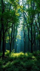 Obraz premium Misty green forest, sunlight filtering through dense canopy, natural, leaves
