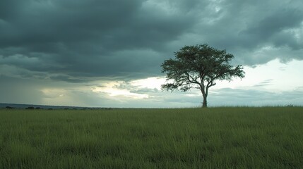 Obraz premium A solitary tree standing in a green, grassy field under a dark gray sky with soft light, presenting a peaceful and natural scene.