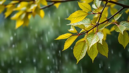 Obraz premium Serene spring rainfall on fresh yellow foliage, creating a peaceful atmosphere
